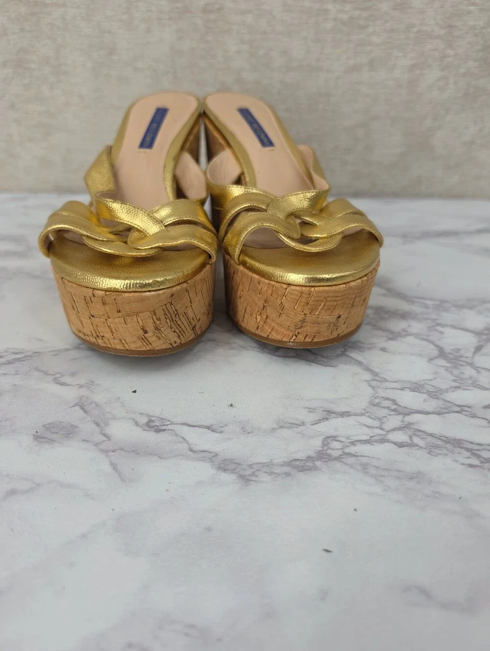 Stuart Weitzman Metallic Gold Leather Straps Cork Wedge Platform Sandals - Picture 5 of 15